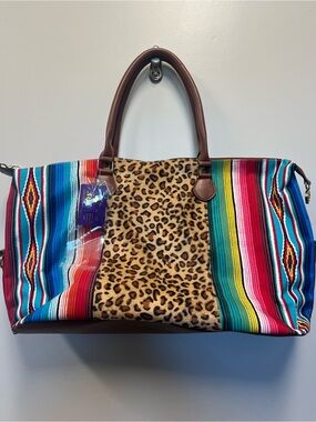 Multi-Color Striped Tote with Leopard Center and Brown Handles
